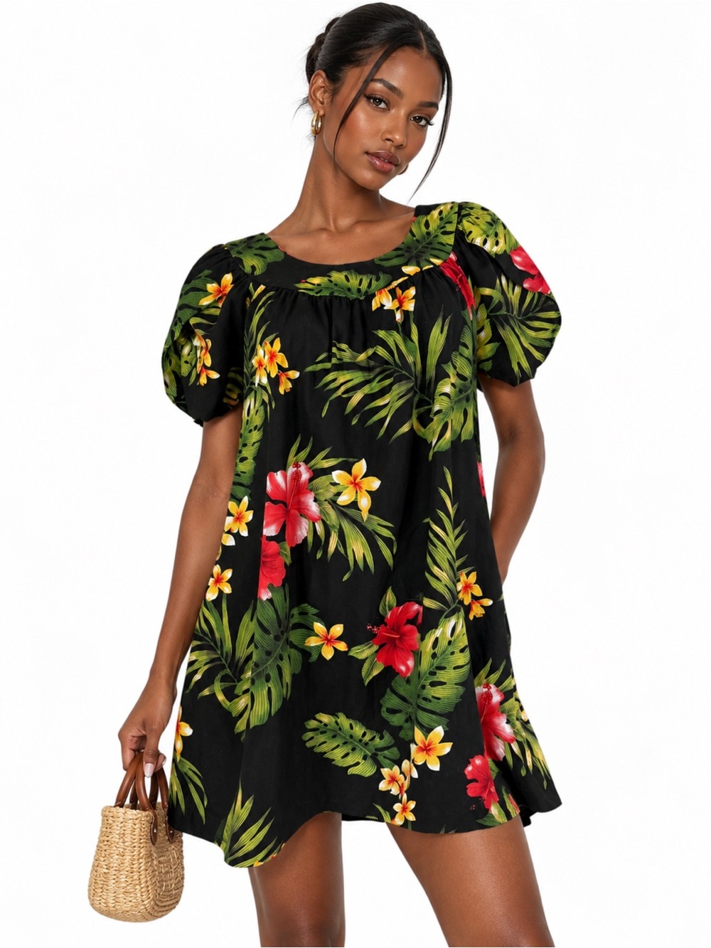 MADE IN HAWAII 100% Cotton Black Tropical Floral Puff-Sleeve Dress Resortwear